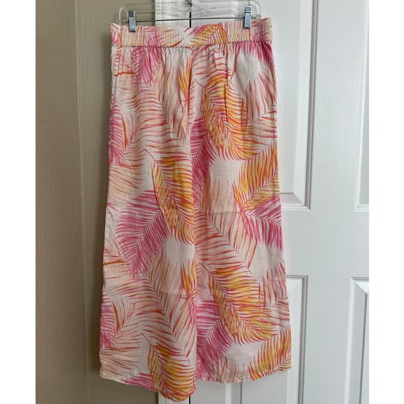 Tahari Palm Print Tropical Cropped Wide Leg 100% Linen Pants Large - Picture 2 of 4